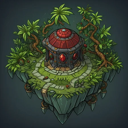 1 island, green to lime color, jungle, many leafs, lakes, swamp, (rocky stone ruins:0.8), overgrown wide, plain darkgray to gray background, mecha rusty parts, (((thick outlines:2.2))), (magic gemstone glowing red:1.2)