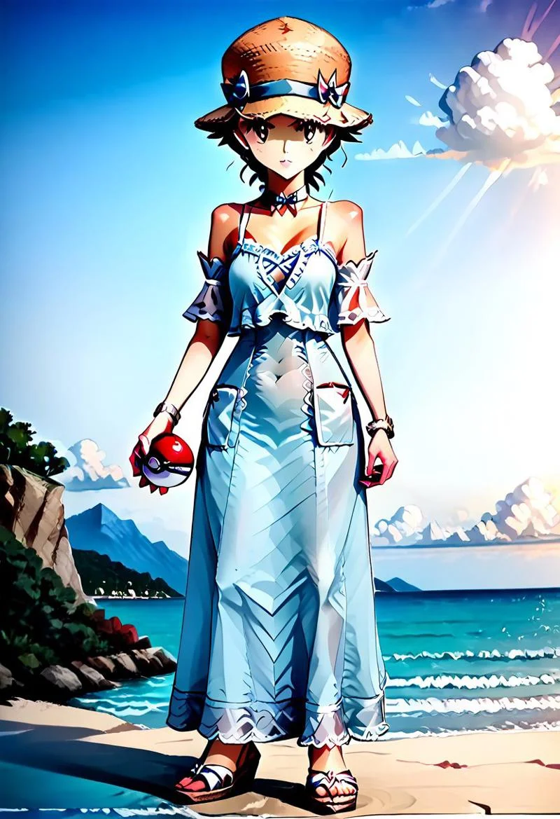 { full body, forest background, standing, FemRed:2.0, 1woman, solo, full body render, detailed facial features, full-length dress, long dress, lace, bare shoulders, detached sleeves, flowing ankle-length dress, flwdrss, wide-brim straw hat, hat with a bow, wide-brim sun hat, straw hat, hat ribbon, holding a pokeball, standing at the front of a boat, standing on a yacht, silhouetted by the sunset, }
boat, mountains in the distance, ocean, sunset:2.0, sun cresting the horizon, ocean sunset, choppy water, yacht, light cloud cover, detailed environment, detailed background,
pks, pokemon, 4kFacePonyXL,