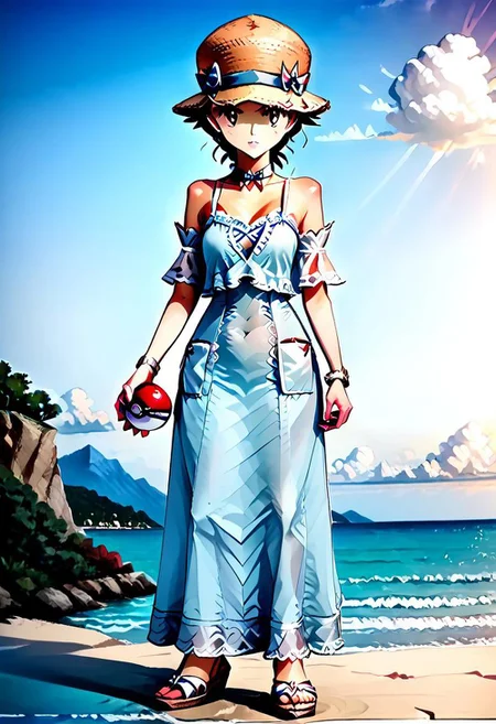{ full body, forest background, standing, FemRed:2.0, 1woman, solo, full body render, detailed facial features, full-length dress, long dress, lace, bare shoulders, detached sleeves, flowing ankle-length dress, flwdrss, wide-brim straw hat, hat with a bow, wide-brim sun hat, straw hat, hat ribbon, holding a pokeball, standing at the front of a boat, standing on a yacht, silhouetted by the sunset, }
boat, mountains in the distance, ocean, sunset:2.0, sun cresting the horizon, ocean sunset, choppy water, yacht, light cloud cover, detailed environment, detailed background, 
pks, pokemon, 4kFacePonyXL,
