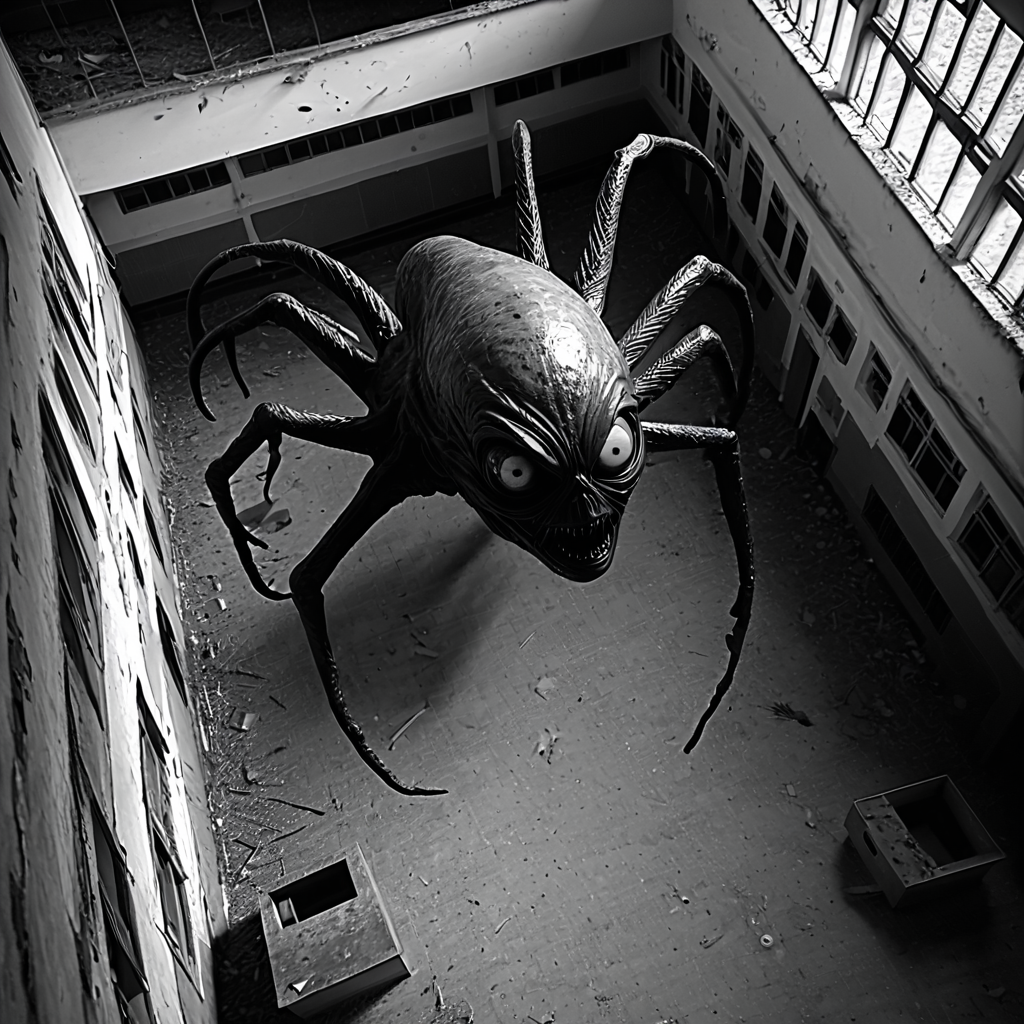 horrorcctvlora, abandoned school, horror (theme), alien, monochrome, bird view, looking at viewer