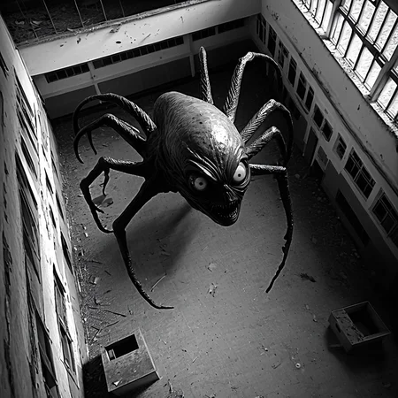 horrorcctvlora, abandoned school, horror (theme), alien, monochrome, bird view, looking at viewer