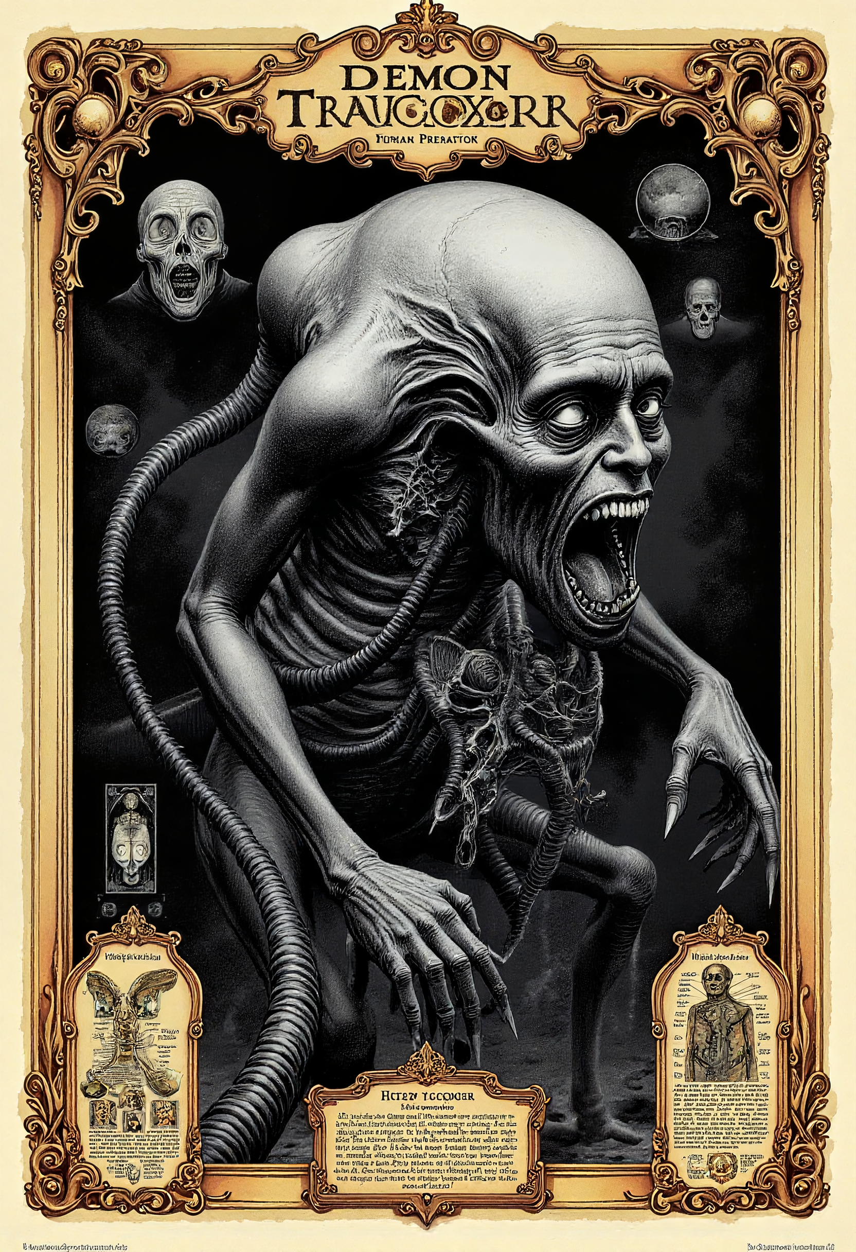A grotesque, nightmarish creature titled "Demon Traucoxor"  and subtitled "Human Predator" is the central focus of a vintage, scientific-style poster. The creature, with a small head, exaggerated, pointed features, wide, fear-filled eyes, and an open, screaming mouth filled with pointed, jagged teeth, is depicted in meticulous ink detail. Their extremely long, spine-covered limbs are marked with detailed labels explaining their biology and origins. Surrounding the creature are intricate diagrams, cross sections of its anatomy, and small illustrative vignettes showing its habitat and behavior.

The poster is framed with an ornate, antique border, featuring decorative scrollwork and a rich, aged paper texture. The monochromatic palette of deep grays and blacks highlights the dramatic lighting, casting dark, angular shadows over the creature. The title “Demon Traucoxor” is prominently displayed at the top in an elegant, vintage typeface, with a subtitle providing a scientific classification. The composition is both visually striking and informative, blending horror and dark fantasy aesthetics with the precision of an old scientific illustration.

