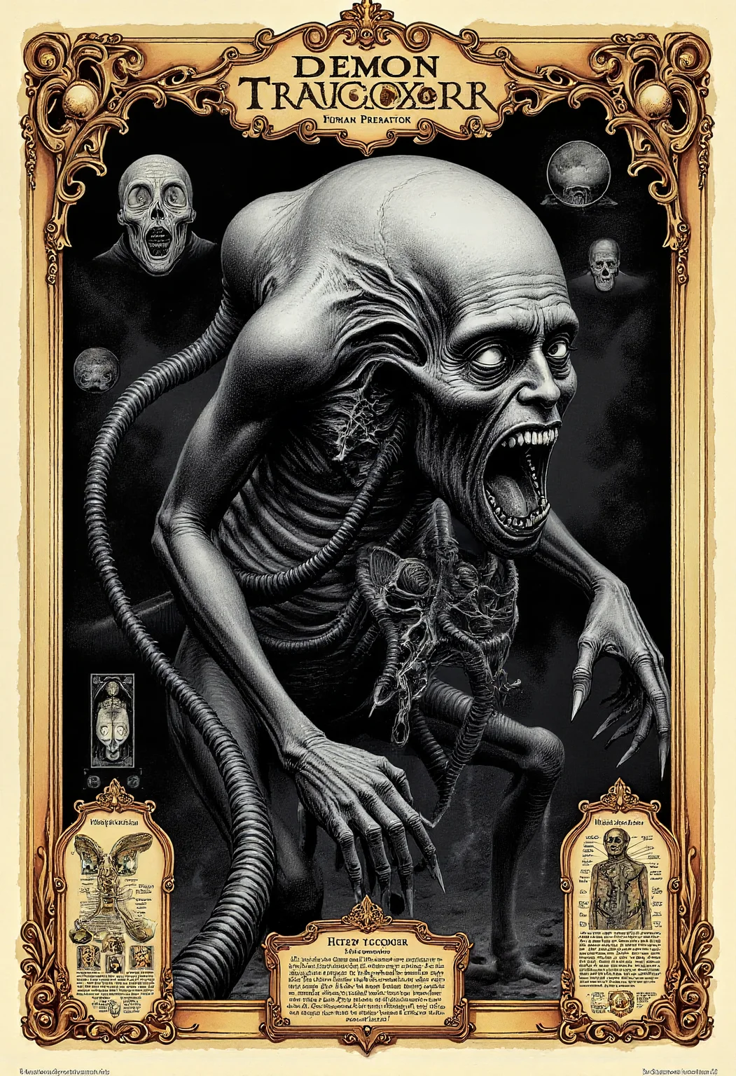 A grotesque, nightmarish creature titled "Demon Traucoxor" and subtitled "Human Predator" is the central focus of a vintage, scientific-style poster. The creature, with a small head, exaggerated, pointed features, wide, fear-filled eyes, and an open, screaming mouth filled with pointed, jagged teeth, is depicted in meticulous ink detail. Their extremely long, spine-covered limbs are marked with detailed labels explaining their biology and origins. Surrounding the creature are intricate diagrams, cross sections of its anatomy, and small illustrative vignettes showing its habitat and behavior.
The poster is framed with an ornate, antique border, featuring decorative scrollwork and a rich, aged paper texture. The monochromatic palette of deep grays and blacks highlights the dramatic lighting, casting dark, angular shadows over the creature. The title “Demon Traucoxor” is prominently displayed at the top in an elegant, vintage typeface, with a subtitle providing a scientific classification. The composition is both visually striking and informative, blending horror and dark fantasy aesthetics with the precision of an old scientific illustration.
