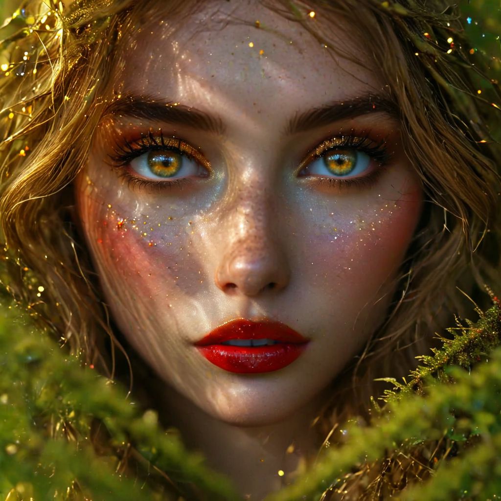 A hidden clearing, moss-draped forest, pulsed, otherworldly glow light. A bonfire, branches of rowan, (dancing shadows:1.2),  whirlwind of violet and gold, surprised look on her face, detailed green/blue eyes, (red lipstick with brown tones) (detailed face:1.2), (golden glitter:1.2), hair mixed with leaves