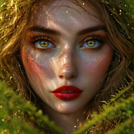 A hidden clearing, moss-draped forest, pulsed, otherworldly glow light. A bonfire, branches of rowan, (dancing shadows:1.2), whirlwind of violet and gold, surprised look on her face, detailed green/blue eyes, (red lipstick with brown tones) (detailed face:1.2), (golden glitter:1.2), hair mixed with leaves