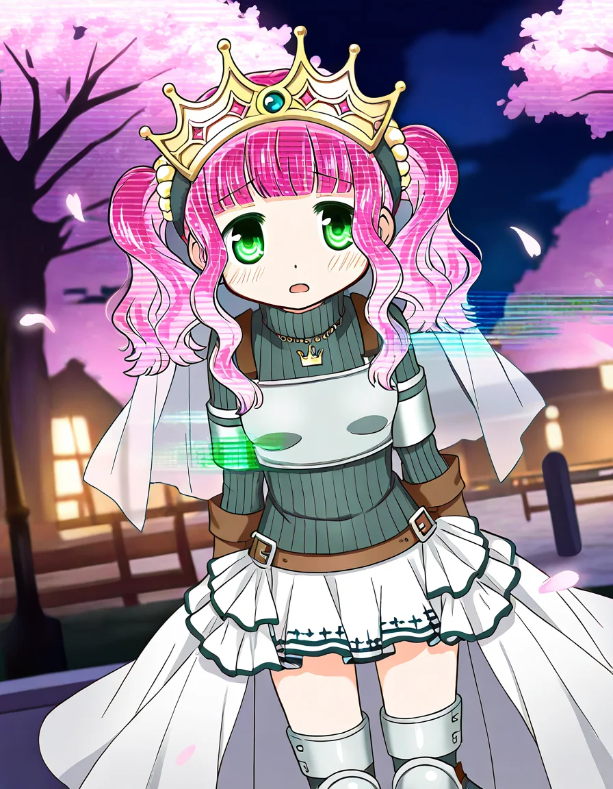 masterpiece, best quality, newest, absurdres, highres, safe, 1girl, futaba sana, magia record: mahou shoujo madoka magica gaiden, glitch hair, glitch, pink hair, open mouth, solo, outdoors, cherry blossoms, night, dutch angle, <lora:futaba_sana_noobaiXLNAIXL_vPred10Version:0.7>