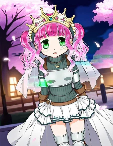 masterpiece, best quality, newest, absurdres, highres, safe, 1girl, futaba sana, magia record: mahou shoujo madoka magica gaiden, glitch hair, glitch, pink hair, open mouth, solo, outdoors, cherry blossoms, night, dutch angle, <lora:futaba_sana_noobaiXLNAIXL_vPred10Version:0.7>