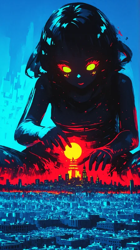 1girl, giantess , cityscape, impressionism, spot color,
 <lora:NLSTN-IL:1> nlstn, glowing,