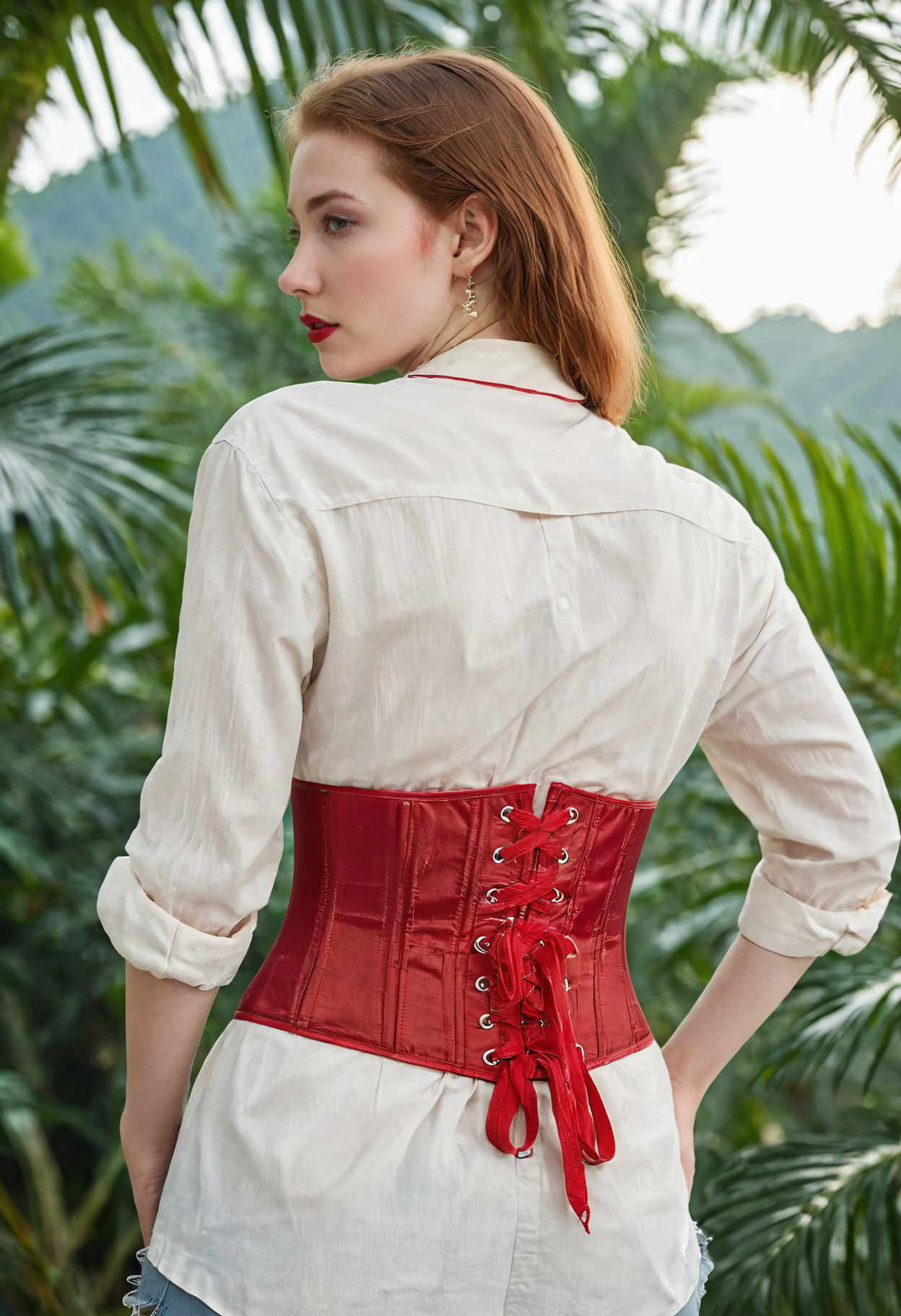 cowboy shot of a young woman, 22 years old, tropical paradise on an extraterrestrial moon, back view, looking away, ideal body, oversided shirt, red corset belt, cinematic lighting, pale skin, (casual:1.3), masterpiece, professional photography, highest-quality,  <lora:BT_Corset_Belt_XL:0.7>