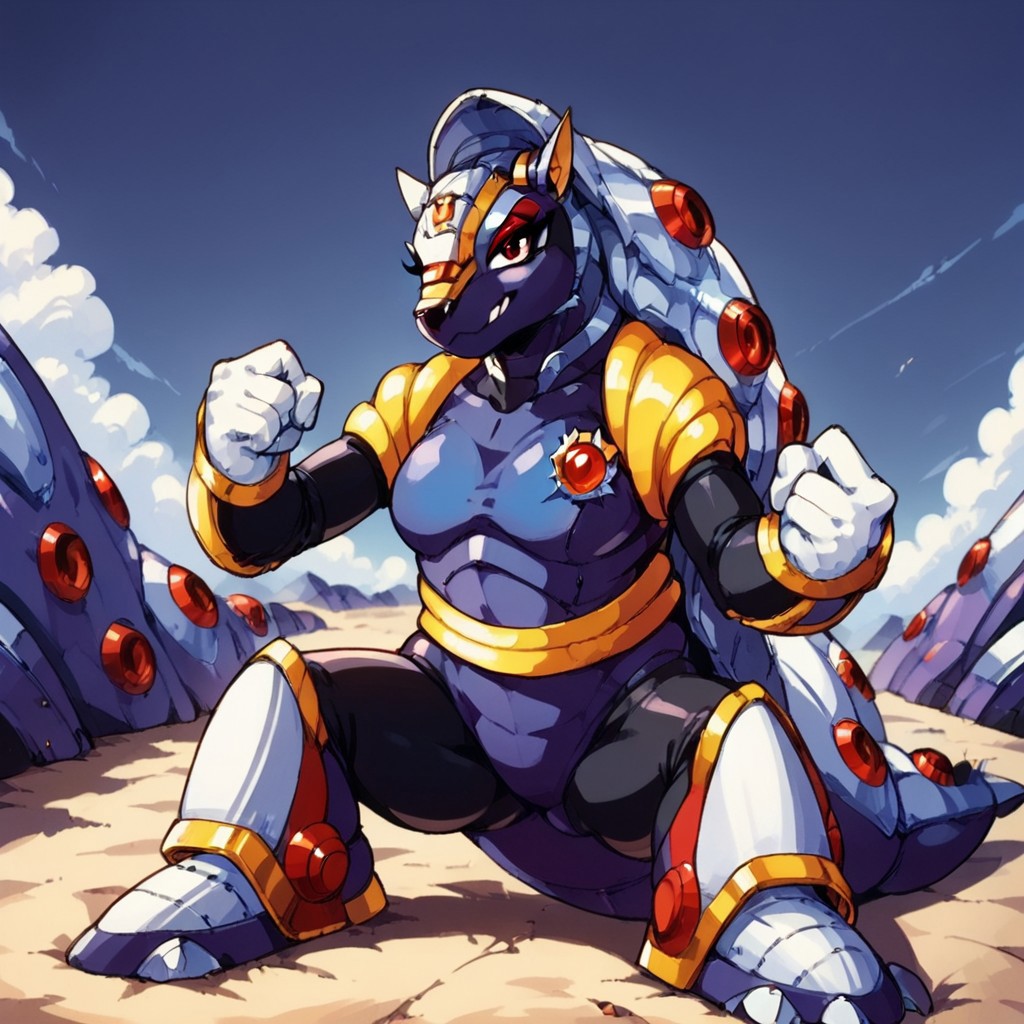 score_9, score_8_up, score_7_up, cowboy shot, armored animal, maverick, robotic, no humans, clenched hand, shell, megaman x, solo, armadillo, megaman, female, genderbending, sexy, looking at viewer, breasts, smug smile, feminine eyelashes, blue skies, 1girl, (red eyeshadow:1.6), crouching down, laying down