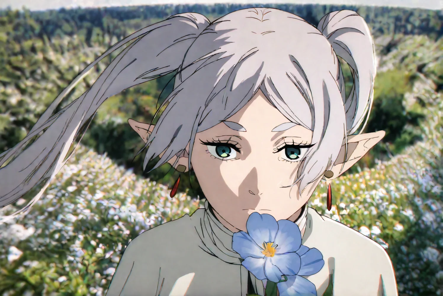perspective,fisheye lens,photo background,
1girl,solo,sousou no frieren,frieren,earrings,chromatic aberration,messy hair,elf,pointy ears,twintails,white hair,white shirt,pose,holding flower,serious,
scenery,outdoors,nature,leaf,wind,masterpiece,best quality,
masterpiece,best quality,amazing quality,very aesthetic,highres,absurdres,<lora:Chainsaw man animation style-NOOB05-lokr>,