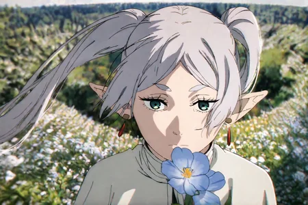 perspective,fisheye lens,photo background,
1girl,solo,sousou no frieren,frieren,earrings,chromatic aberration,messy hair,elf,pointy ears,twintails,white hair,white shirt,pose,holding flower,serious,
scenery,outdoors,nature,leaf,wind,masterpiece,best quality,
masterpiece,best quality,amazing quality,very aesthetic,highres,absurdres,<lora:Chainsaw man animation style-NOOB05-lokr>,