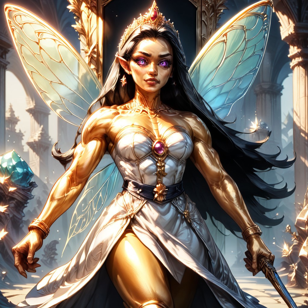 Action scene, detailed, photo realistic, hyper realistic, score_9, rating_safe, solo ((arch fey, violet eyes, (beautiful woman, white underbust corset, skirt, pants, sword belt, and holding a sword), (huge muscles, small petite breasts, muscular thighs, muscular biceps, muscular shoulders, toned abs), ((bronze metallic gold skin ral-polishedsteel)), (fairy wings), (long black hair))), (standing next to a multicolored crystal throne, in a detailed throne room filled with treasures, detailed lighting), hi res, hi quality, 4k, concept art, digital art, realistic, detailed background, lens flare, pixel art, piratical beauty, great lighting