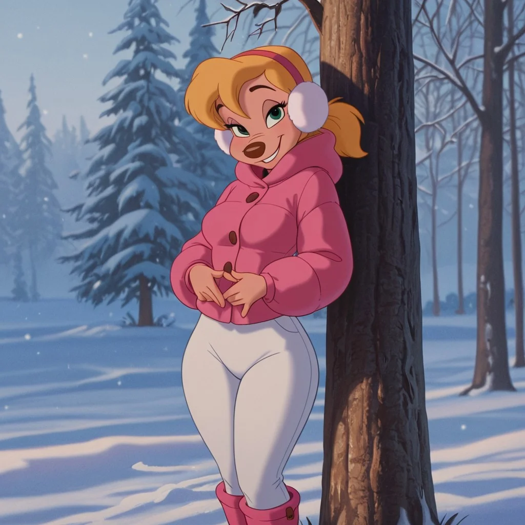 DisneyRenstyle, DISNEY_ANIMATION,
masterpiece, best quality, luminous lighting, cinematic ambiance, soft light, BREAK, 1girl, A Goofy Movie style, Goof Troop, toony, outdoors, winter, snow, sunny, anthro, furry female, blonde hair, short ponytail, bangs, low ponytail, small circle nose, slender waist, wide hips, short torso, medium breasts, short legs, curvy legs, thick calves, petite butt, hourglass figure, green eyes, wearing pink winter coat, snow boots, white snowpants, athletic butt, BREAK, standing, girl leaning against a tree, sassy smile, flirty, sexy pose, looking back at viewer, ((earmuffs)), cowboy shot, rear view