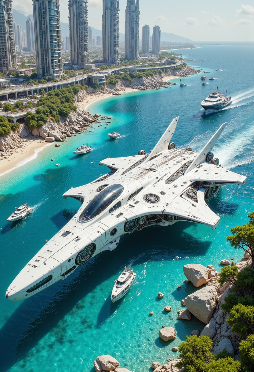 pinkmechalux, A breathtaking, ultra-detailed depiction of a futuristic coastal city, featuring a massive, sleek white spacecraft hovering over crystal-clear turquoise waters. The spacecraft is aerodynamically designed with an elongated body and pronounced delta wings extending backward. Multiple large propulsion systems, both at the rear and on the wings, showcase advanced circular dark apertures, hinting at powerful energy sources.      Surface Details: The ship's exterior is covered in intricate paneling and modular structures, reflecting a high-tech construction. A large, dark-tinted panoramic cockpit dome dominates the front, while subtle markings and symbols decorate its hull.     Position & Interaction with Water: The spacecraft is partially submerged, suggesting either a recent landing or an imminent takeoff. Sunlight reflects off its polished surface, creating dazzling highlights and interacting dynamically with the surrounding rippling water.  The Aquatic Environment:      Water Clarity & Color: Vibrant turquoise waters transition into deeper, darker blues. The transparency reveals a sandy and rocky seabed in select areas.     Dynamic Elements: Gentle water disturbances form around the spacecraft, indicating recent movement. Small futuristic white transport vessels navigate nearby, suggesting an integrated aquatic transport system.     Coastal Integration: Beige and light brown rocky shores frame the scene, complemented by clusters of lush evergreen trees with dense, rounded canopies, adding an organic contrast to the futuristic setting.  The Futuristic Cityscape:      Architectural Mastery: Towering, avant-garde skyscrapers dominate the skyline, featuring smooth, reflective surfaces, geometric complexity, and gravity-defying designs. Some structures pierce the sky like spires, while others adopt fluid, organic shapes.     Advanced Infrastructure: Elevated transport systems crisscross above the waters, connecting different city sectors. Small, streamlined spacecraft glide along these aerial pathways, and circular platforms serve as possible landing stations.     Coastal Integration: The city extends seamlessly to the waterâs edge, with futuristic beachside structures and pristine sandy shores blending natural beauty with technological sophistication.  Lighting & Atmosphere:      Sunlit Brilliance: Strong, direct sunlight enhances the scene, casting crisp shadows and producing striking reflections across metallic surfaces and rippling water.     Mood & Impact: The image conveys an atmosphere of technological advancement, prosperity, and a seamless fusion of civilization and nature. The pristine sky and water reinforce a clean, utopian vision of the future.  Final Impression: A visually stunning, hyper-detailed representation of an advanced civilization thriving on the coast, where cutting-edge air and sea transport technologies coexist harmoniously with an awe-inspiring metropolis under a radiant sunlit sky.
