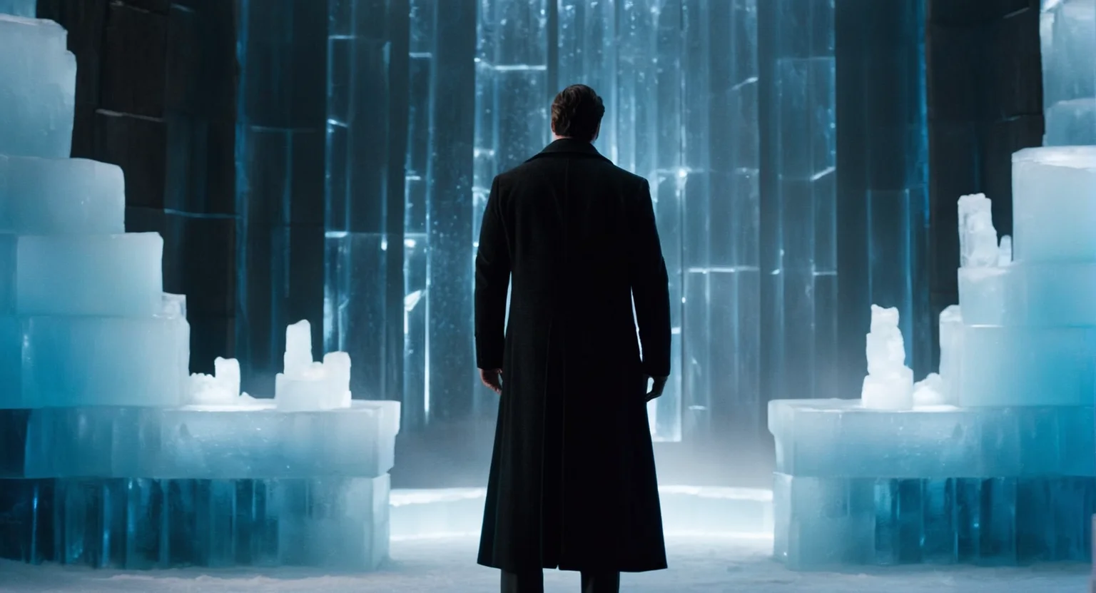 cinematic film still of <lora:Fortress of Solitude:1>
Fortress of Solitude Clark Kent in a black coat standing in front of a wall of ice inside Fortress of Solitude, shallow depth of field, vignette, highly detailed, high budget, bokeh, cinemascope, moody, epic, gorgeous, film grain, grainy