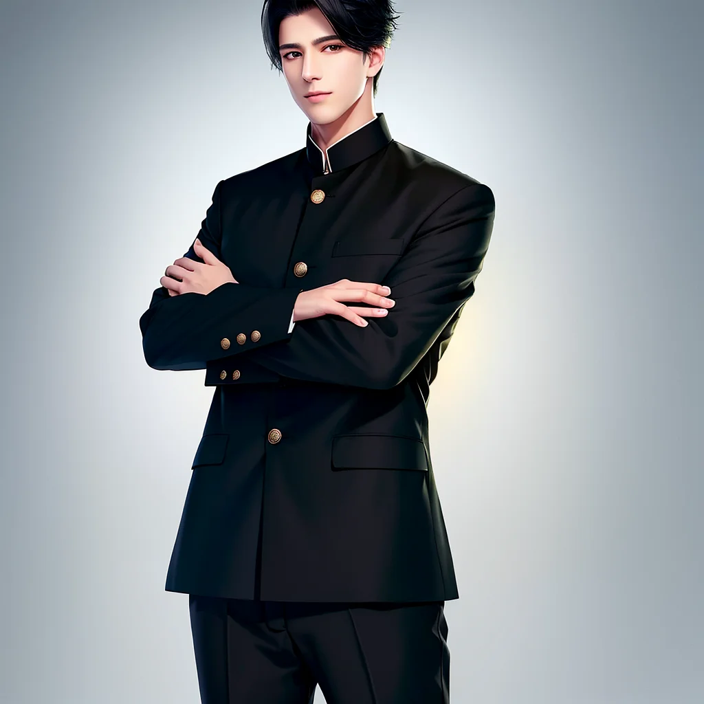 <lora:BIW:0.6>, FH, Masterpiece, best quality, sharp, contrast, realistic drawing, tall black haired man, short hair,
<lora:Gakuran:0.75>, Gakuran, a man in a black gakuran and pants standing with his arms crossed , man wearing the gakuran, golden buttons