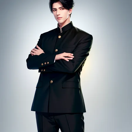 <lora:BIW:0.6>, FH, Masterpiece, best quality, sharp, contrast, realistic drawing, tall black haired man, short hair,

 <lora:Gakuran:0.75>, Gakuran, a man in a black gakuran and pants standing with his arms crossed , man wearing the gakuran, golden buttons