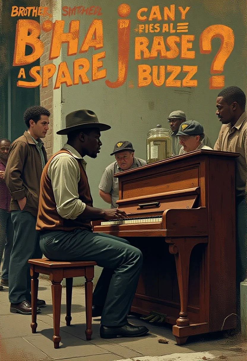 Poster of a lively street scene with a jazz pianist playing an old, upright piano on the sidewalk. The musician, a charismatic figure with a vintage hat and rolled-up sleeves, is fully absorbed in his performance, fingers dancing across the keys with soulful energy. Around him, a few onlookers gather, tapping their feet to the rhythm, while a small tip jar sits on top of the piano.
Above him, a playful title reads: "Brother, Can You Please Spare a Buzz?" The scene is vibrant, capturing the spirit of street jazz with a touch of humor, as if inviting both music lovers and passersby to share in the groove.
<lora:schnell_v1.0:1.0><lora:791361511416191665:0>