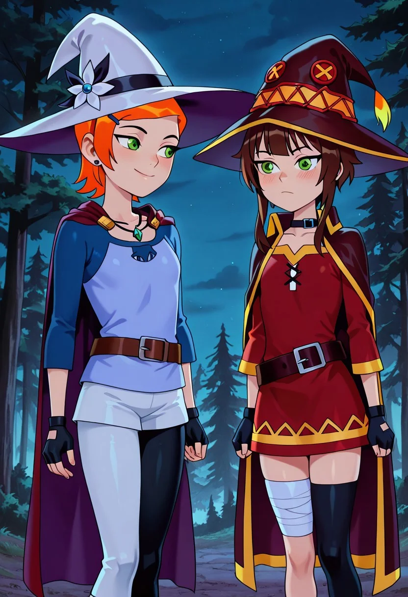 masterpiece, best quality, Gwen_Tennyson, 1 girls, orange hair, short hair, green eyes, earrings, blush, smile <lora:GwenTennyson_Ben10_illustrious_Leaf1-000019:1>, konossubamegumin, <lora:konosuba-megumin-s2-ponyxl-lora-nochekaiser:1>, hat, red dress, black gloves, belt, black thighs, fingerless gloves, cape, necklace, witch hat, bandages, red dress, single thigh, asymmetric leggings, bandaged leg, Outdoors, trees, at night