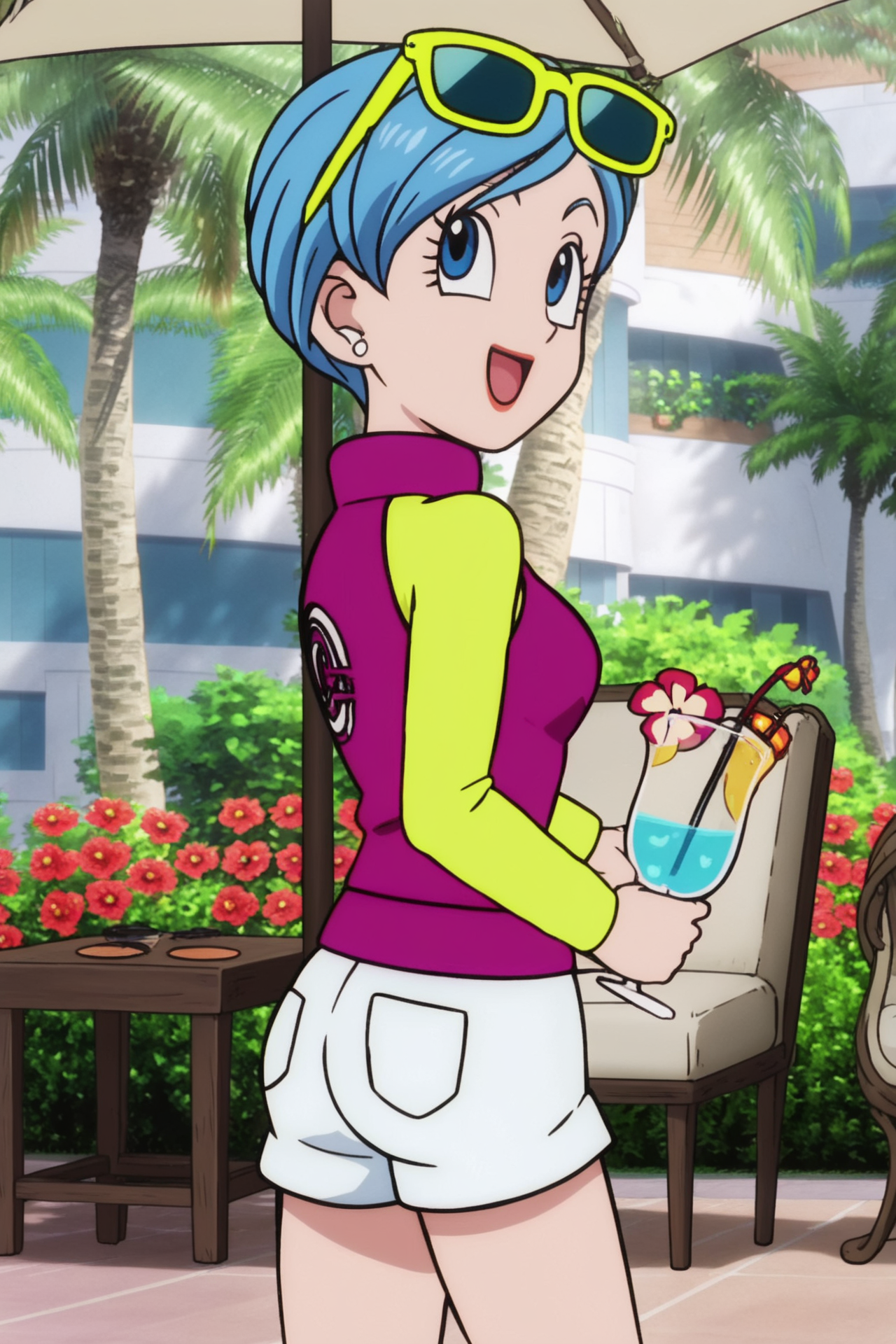 source_anime, score_9, score_8_up, score_7_up, anime screencap,8k, absurd res, 
bulma, 1girl, solo, smile, short hair, open mouth, blue eyes, jewelry, blue hair, flower, :d, earrings, shorts, tree, cup, sunglasses, eyewear on head, white shorts, palm tree,  two tone jacket, yellow sleeves, purple jacket, print jacket, from behind, looking back at another, official style, 
 <lora:bulma_super_pony_v1:0.8>