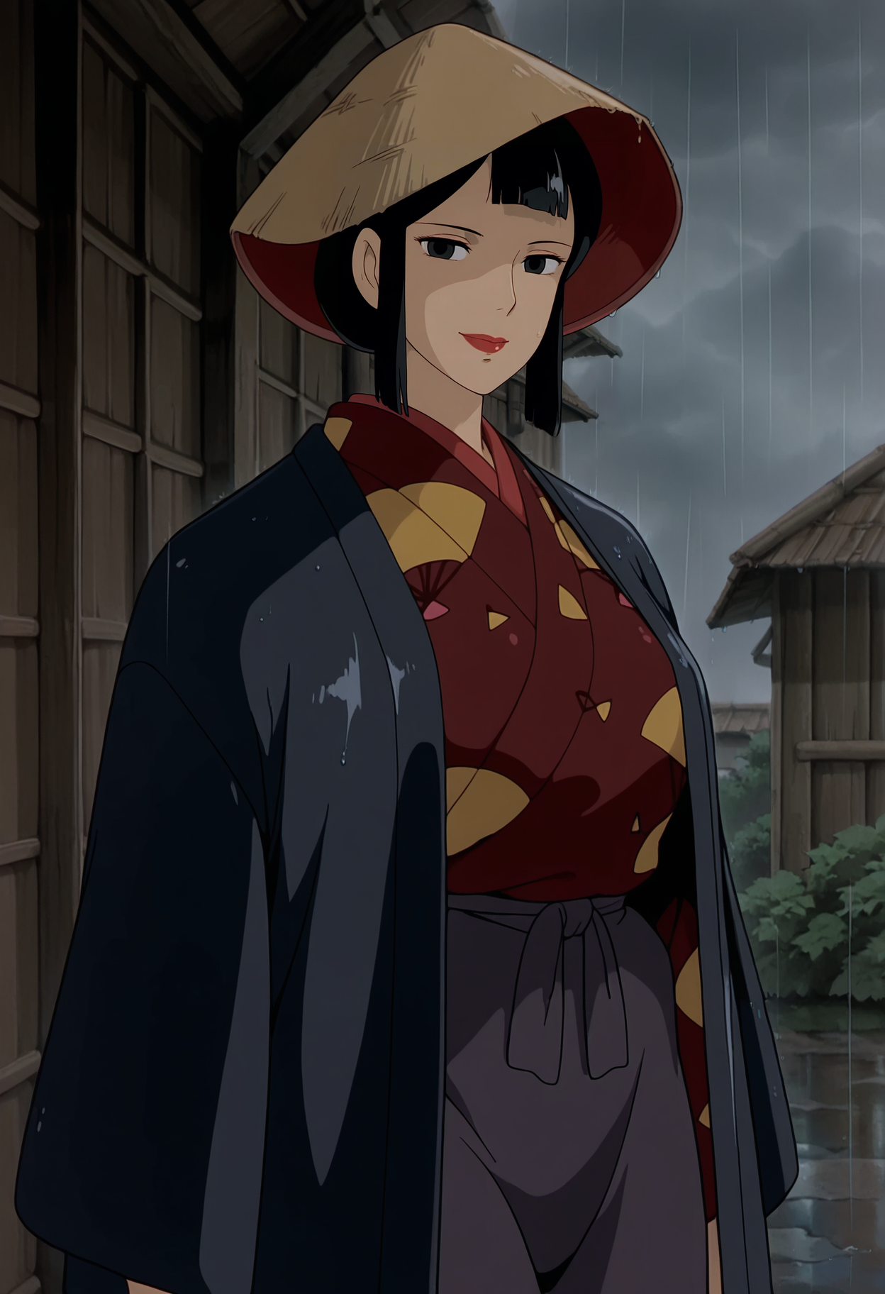 1girl,solo,eboshi,mature female,black hair,black eyes,lipstick,anime coloring,
kimono,cowboy shot, hat,rain,standing,outdoors,looking at viewer, smile
,masterpiece,best quality,amazing quality,<lora:Eboshi_Gozen-Mononoke_Hime_ix:0.8>
