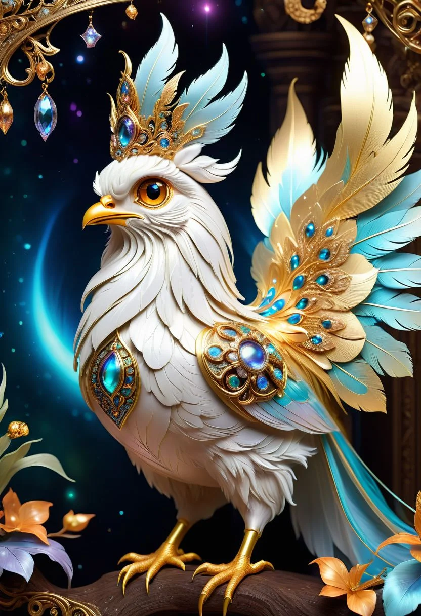 A small and cute royal hen spawns an adorable non-human celestial animal in the celestial and fantasy style. the animal is supposed to be the most beautiful animal ever created. Consider details such as soft, feathers, silk, satin, shimmer and shimmer. Include subtle details of ghostly iridescence. emphasize small fancy details and ornate jewelry. Camera: Use interesting and dynamic composition. increase visual interest. lighting: use ambient lighting that enhances the atmosphere of the fantasy. include bright colors and deep shadows. hires, detailed eyes, hires detailed eyes, hires small details, elaborate details, ornate, 8k, shimmer, unity, official cgi unreal engine, high resolution, (((masterpiece))), high quality, high resolution, detail enhancement, (bright and light-eyed),