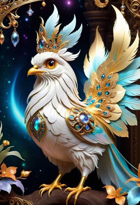 A small and cute royal hen spawns an adorable non-human celestial animal in the celestial and fantasy style. the animal is supposed to be the most beautiful animal ever created. Consider details such as soft, feathers, silk, satin, shimmer and shimmer. Include subtle details of ghostly iridescence. emphasize small fancy details and ornate jewelry. Camera: Use interesting and dynamic composition. increase visual interest. lighting: use ambient lighting that enhances the atmosphere of the fantasy. include bright colors and deep shadows. hires, detailed eyes, hires detailed eyes, hires small details, elaborate details, ornate, 8k, shimmer, unity, official cgi unreal engine, high resolution, (((masterpiece))), high quality, high resolution, detail enhancement, (bright and light-eyed),