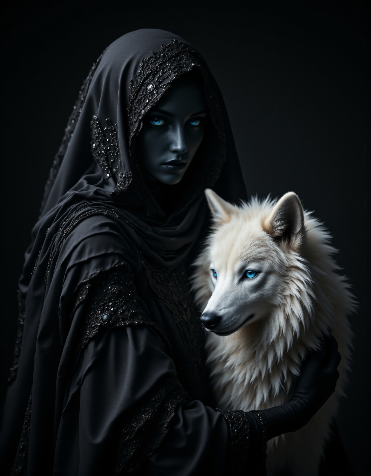 A close up portrait of a fantasy sorceress and her pet white wolf, The beautiful sorceress is  slender and wears a shiny black silk robe and (hood), her skin is painted pitch black, (her face is darkened by the shadow of the hood but her bright eyes can be seen clearly),  The sorceress and the wolf come together like the white and black of the yin yang symbol, perfect eyes, perfect hand,  dark fantasy, deep shadows, dark background,  desaturated in darker areas of the image, high contrast, midjourney_whisper_avant_couture, aidmasoftglow,  aidmafluxpro1.1 <lora:midjourney_whisper_avant_couture_v01:0.8> <lora:aidmaSoftGlow:0.6> <lora:aidmaFluxPro1.1Stylev0.2:0.6> <lora:Synesthesia:1>