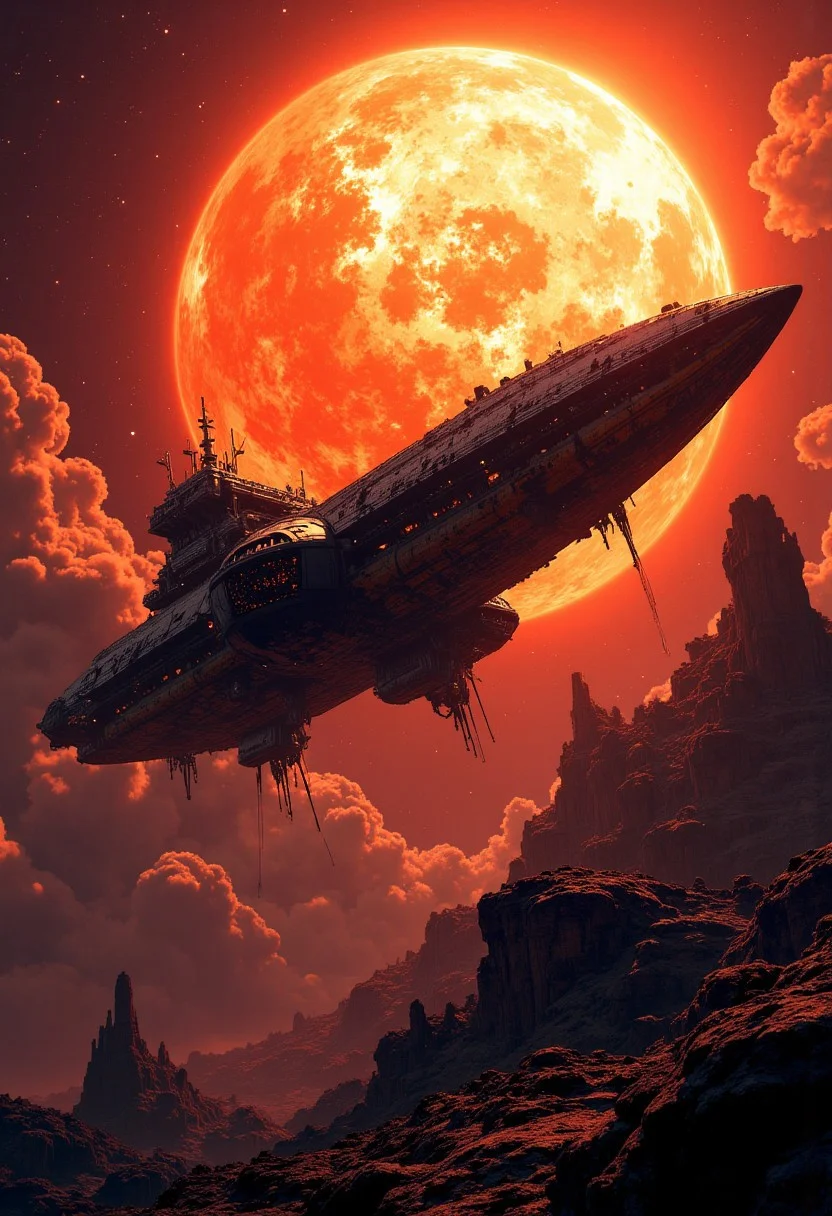 mythp0rt, best quality, masterpiece, large capital spaceship, a supermassive dull sun in the background, cinematic, dynamic photorealistic image, High Definition HD, High Detail, Perfect Composition