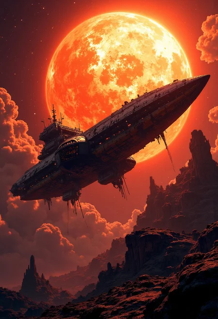mythp0rt, best quality, masterpiece, large capital spaceship, a supermassive dull sun in the background, cinematic, dynamic photorealistic image, High Definition HD, High Detail, Perfect Composition