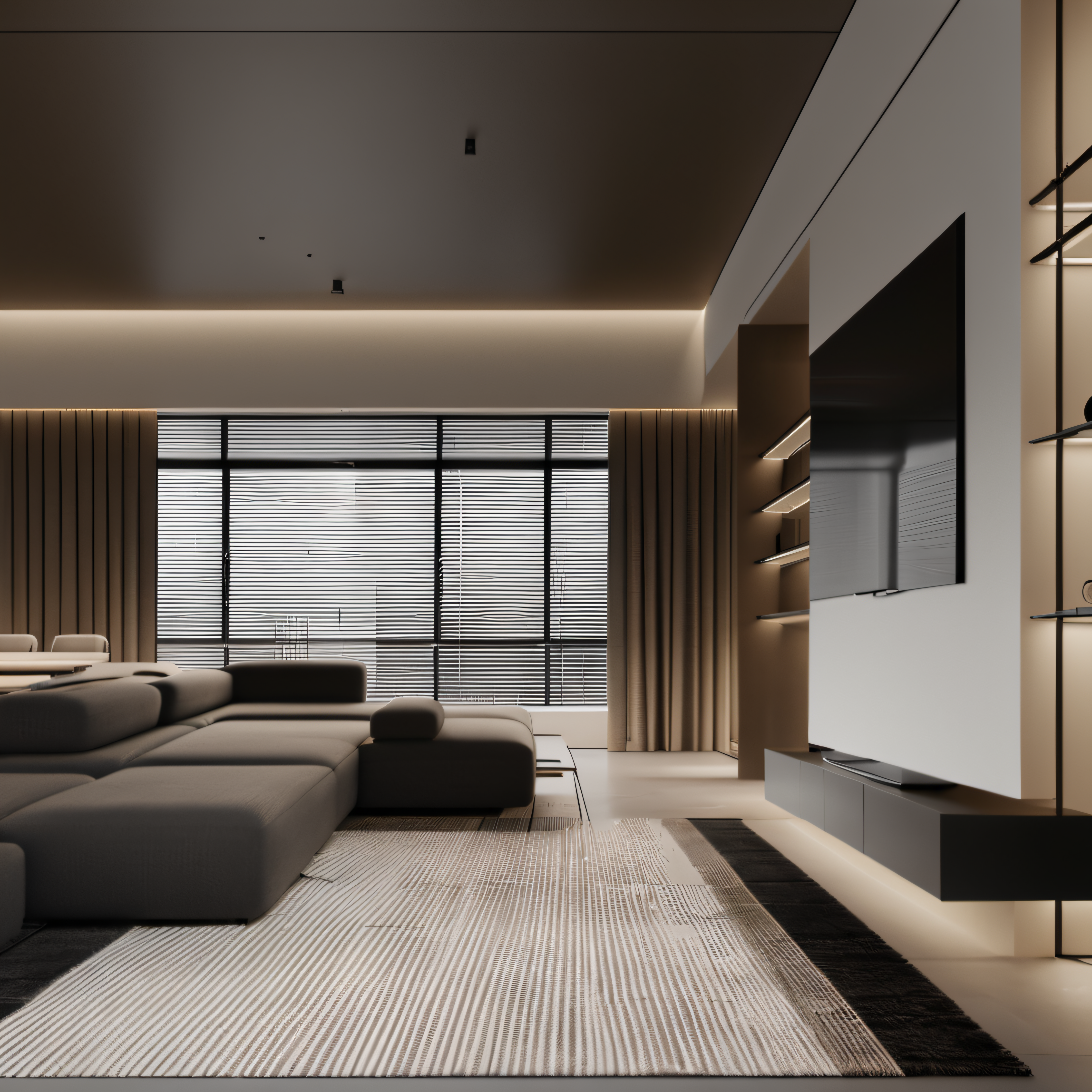 WD,(living room),couch,carpet,tv wall,television,(open kitchen),(island platform),PLY,magnetic track light,window,venetian blinds,bestquality,masterpiece,highquality,real,realistic,superdetailed,fulldetail,8K,<lora:Dark guest restaurantXL.1.0-0000010:1>,