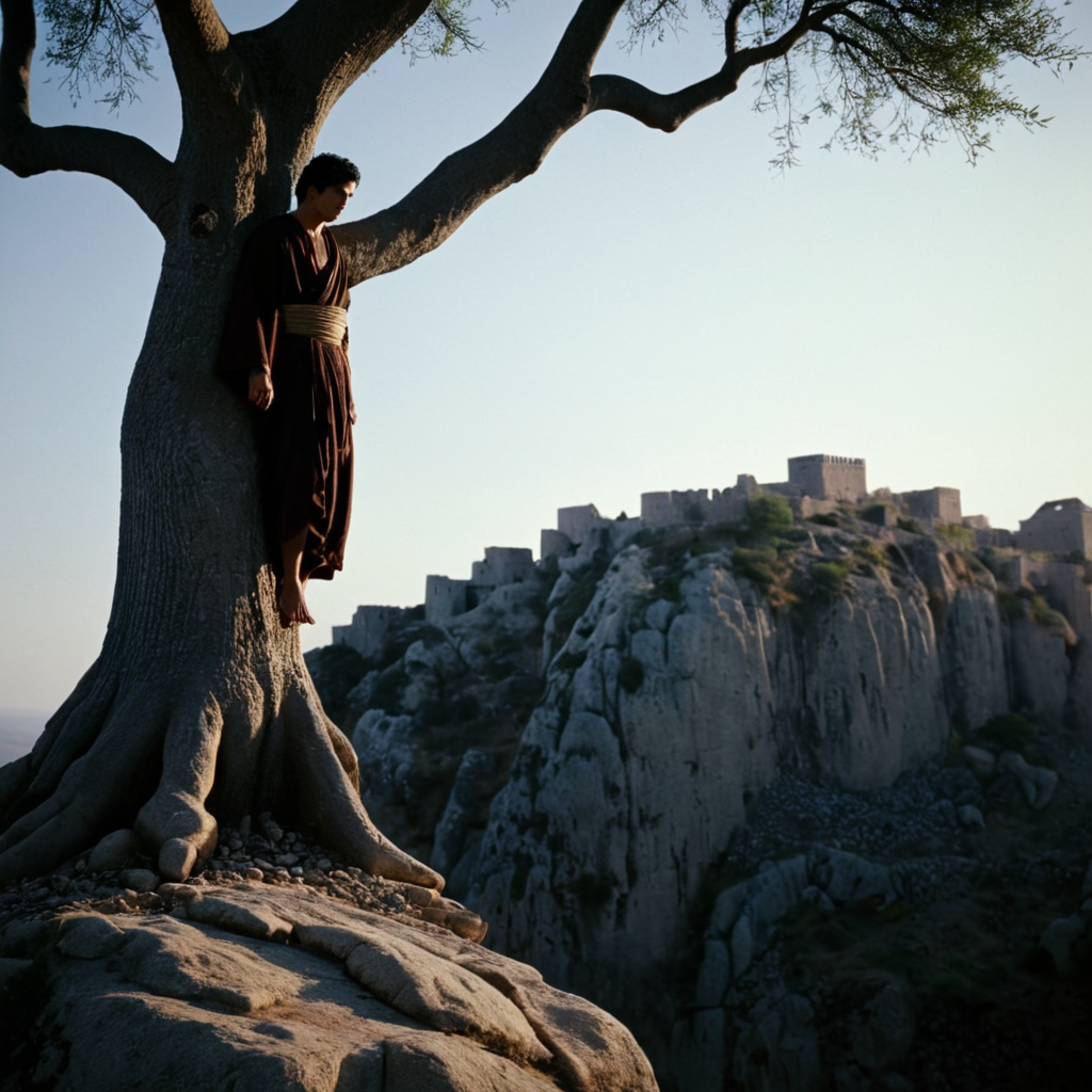 cinematic film still of cinematic film still of  <lora:add-detail-xl:0.1>1
<lora:detailed:0.2>
<lora:perfection style:0.2>
<lora:eyetune:0.5>
 <lora:xl_more_art-full_v1:0.3>
 <lora:Ron Fricke style:0.3>
 <lora:The Passion of the Christ style:0.9>
 <lora:TeethXL:1>
In the 1st century ancient history, an epic dramatic cinematic photo of a judas person hanged by neck from a tree on a cliff,solo,black hair,1boy,standing,male focus,outdoors,japanese clothes,sky,barefoot,day,tree,scenery,walking,rock,wide shot ,horror movie themed, sharp, detailed, epic photography, artistic, dramatic light, cinematic style, film style, , shallow depth of field, vignette, highly detailed, high budget, bokeh, cinemascope, moody, epic, gorgeous, film grain, grainy