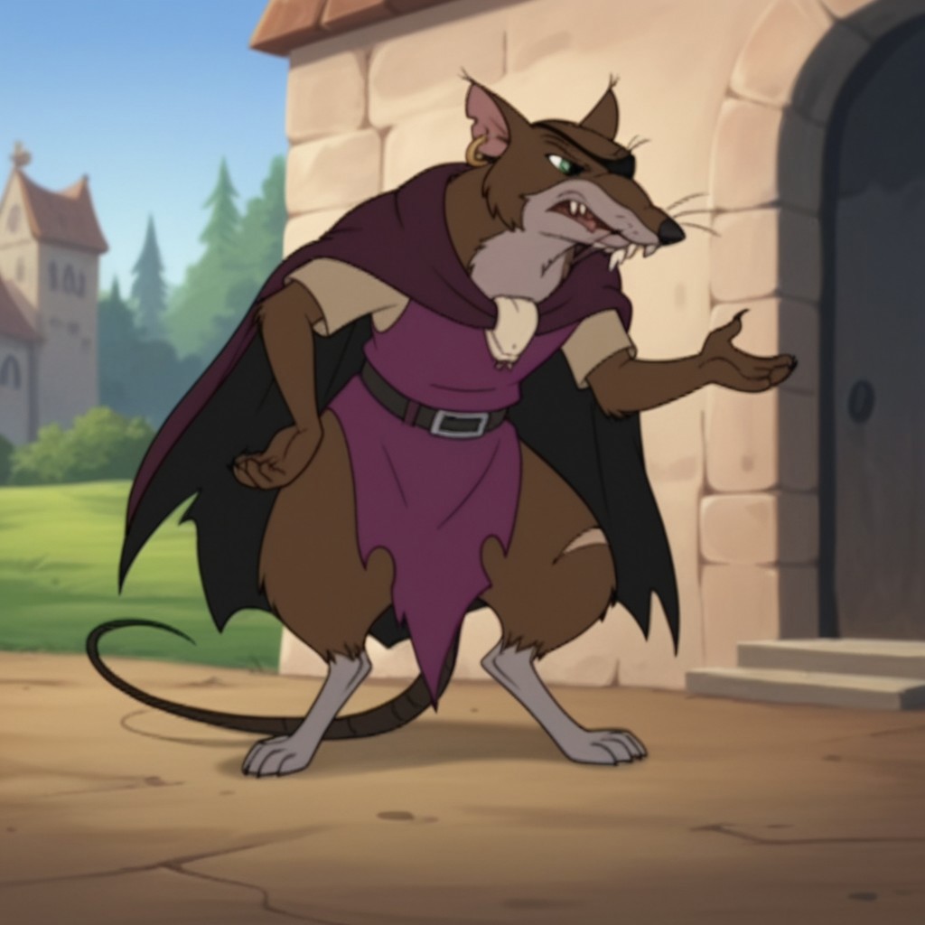 score_9, score_8_up, score_7_up, score_6_up, score_5_up, score_4_up, source_furry, ClunyRW, semi-anthro, male, rat, brown fur, jewelry, earring, purple cloak,  belt, purple tunic, short sleeves, torn clothes, eye patch, standing, outside,