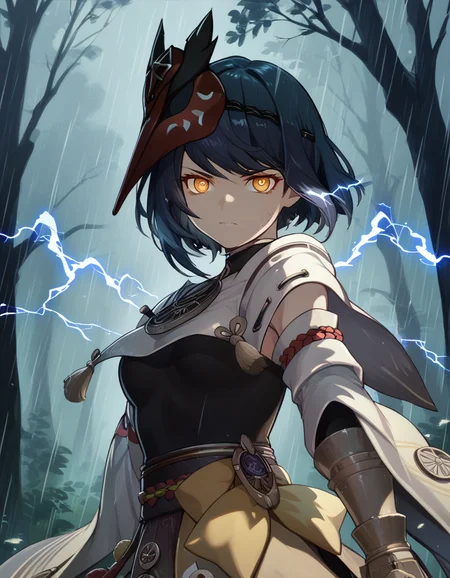 score_9,  score_8_up, score_7_up, source_anime
<lora:kujou-sara-genshin-ponyxl-000025:1> ku70u5a4a, japanese clothes, mask on head, detached sleeves, elbow gloves, vambraces,
1girl, solo, glowing eyes, lightning, confident, forest, wind, rain, night