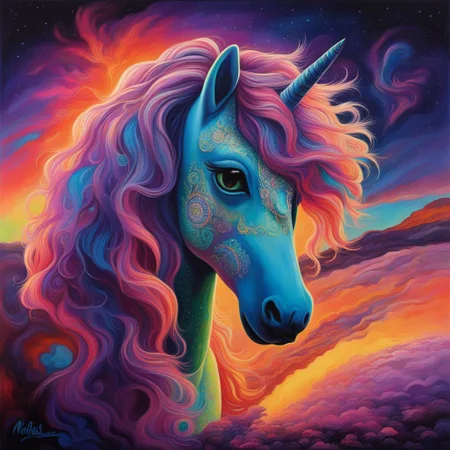 A psychedelic painting of a MLPIRL <lora:MLPIRL_-_My_Little_Pony_In_Real_Life:1.0>