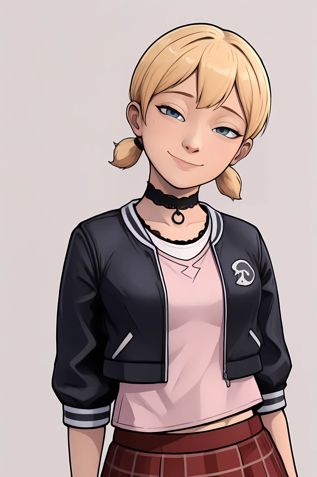 masterpiece, best quality, absurdres,
1girl, light skin, blue eyes, blonde hair, short hair, pigtails, looking at viewer, head tilt, cute,
pink shirt, black cropped jacket, black lace choker, red plaid skirt, midriff peek,
smile, narrowed eyes,
<lora:ClementineS2ILf:0.7> cl3ilf,