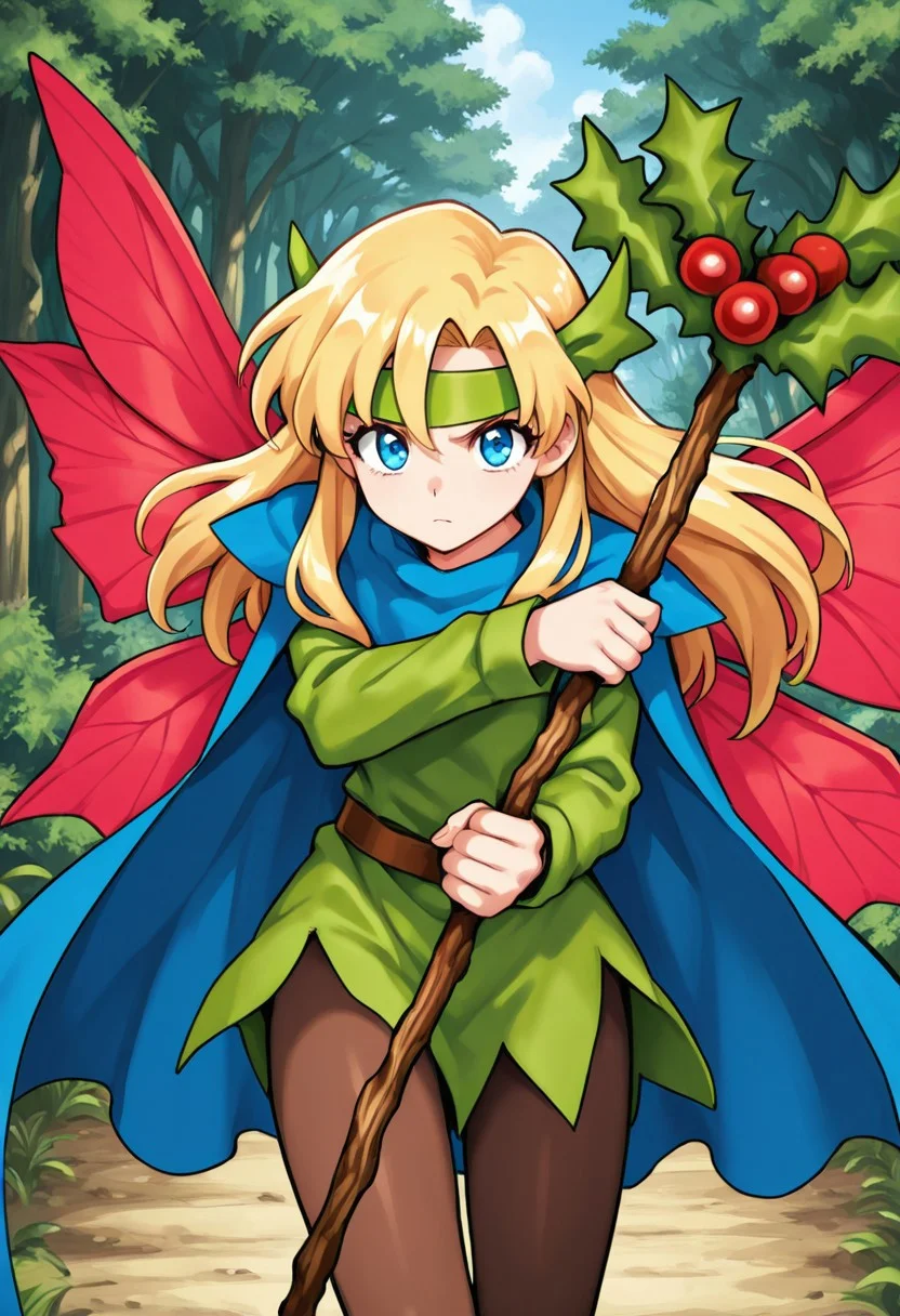 score_9,score_8_up,score_7_up,source_anime,5_figner,2d_animation,game cg,BREAK,1girl,solo,Holly Fairy,staff,blond hair,plant,vines,brown pantyhose,blue cape,long hair,green fairy,green headband,(red wings),
cowboyshot,serious,looking at viewer,front view,
outdoor,forest,sky,
masterpiece,best qualit,ultra-detailed,illustration,an extremely delicate and beautiful,beautiful detailed eyes,unity 8k wallpaper,high resolution,anime CG,official_art,