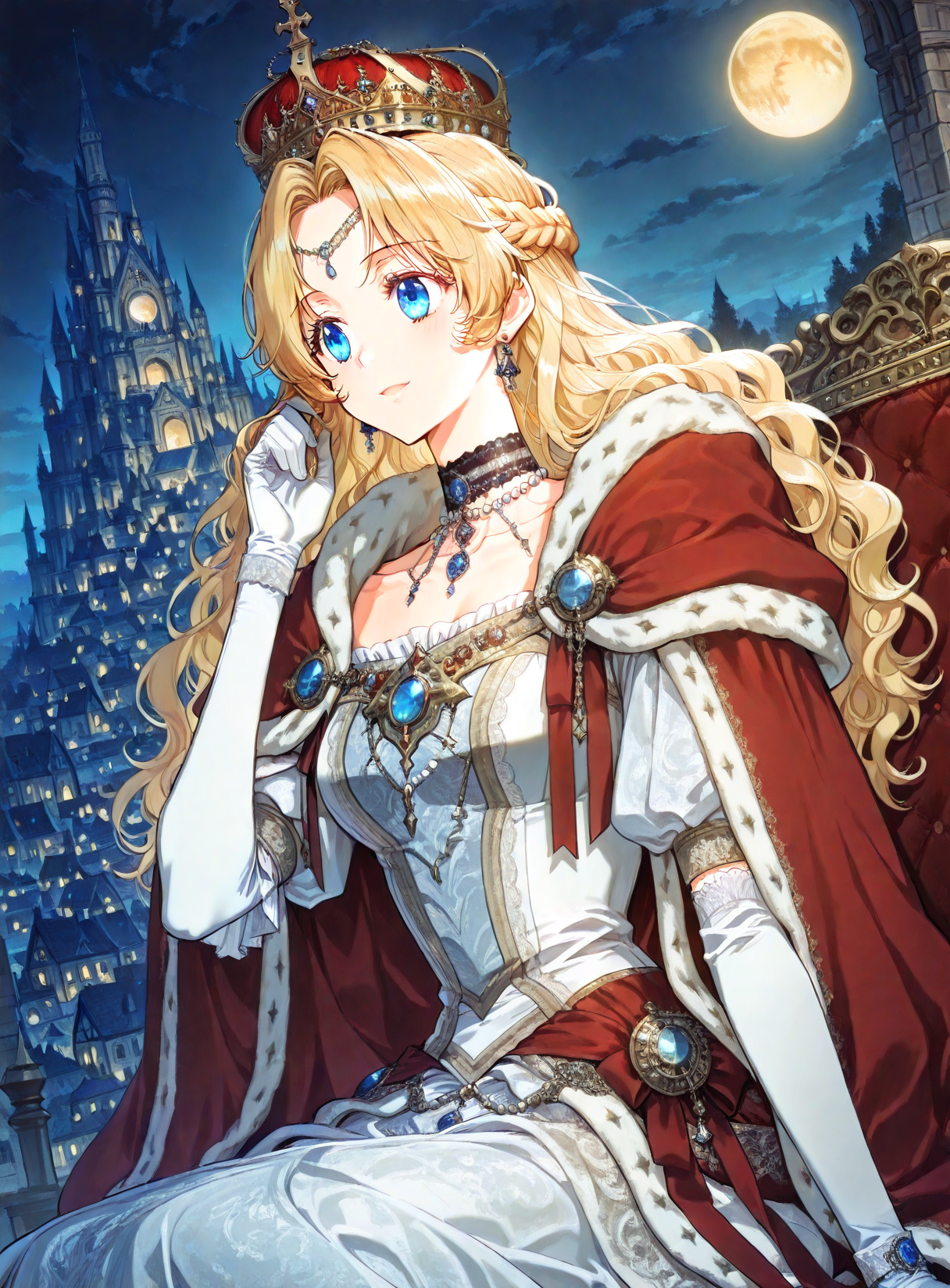 <lora:Athanasia_r1:1>
1 girl, solo, princess, blue eyes, blonde hair, long hair, wavy hair, french braid, bangs, parted bangs
white dress, necklace, collarbone, earrings, choker, gem, jewelry, red cape, crown, bracelete, pearl necklace, white gloves, elbow gloves,
score_9, score_8_up, score_7_up, very aesthetic, source_anime, detailed, high quality, beautiful, masterpiece, detailed eyes, castle, village, blurry background, cityscape, pose dynamic angle, light smile, open mouth, hand on hair, sitting , night, golden moon, <lora:iLLMythG0thicL1nes:1>
