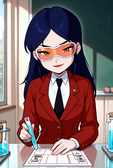 ((cartoon, screencap,,))  <lora:tiffanyos:1> tiffanyos, 1girl, long hair, blue hair, parted bangs, black necktie, school uniform, white  undershirt, lipstick, long red jacket, chemistry lab, safety goggles, holding test tube, science stock photo, scientist,, masterpiece, best quality, amazing quality, very aesthetic, absurdres, newest,