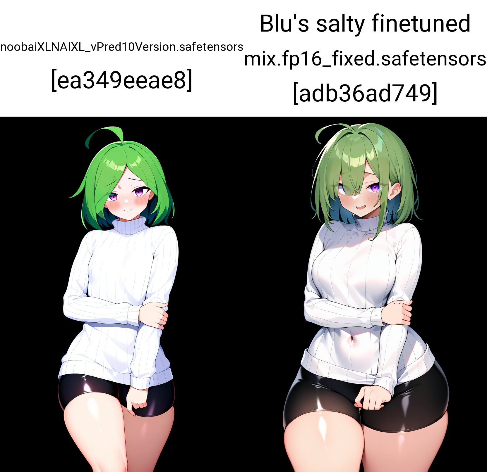 masterpiece, best quality, 1girl,
solo, small breasts, wide hips, thick thighs, shorts, curvy, shiny clothes, turtleneck sweater, green hair, cowboy shot, turtleneck, blush, purple eyes, medium hair, ribbed sweater, smile, white sweater, closed mouth, thighs, breasts, open mouth, bike shorts, black background, arm under breasts, eyes visible through hair, looking at viewer, standing, hand on own arm, ahoge, long sleeves