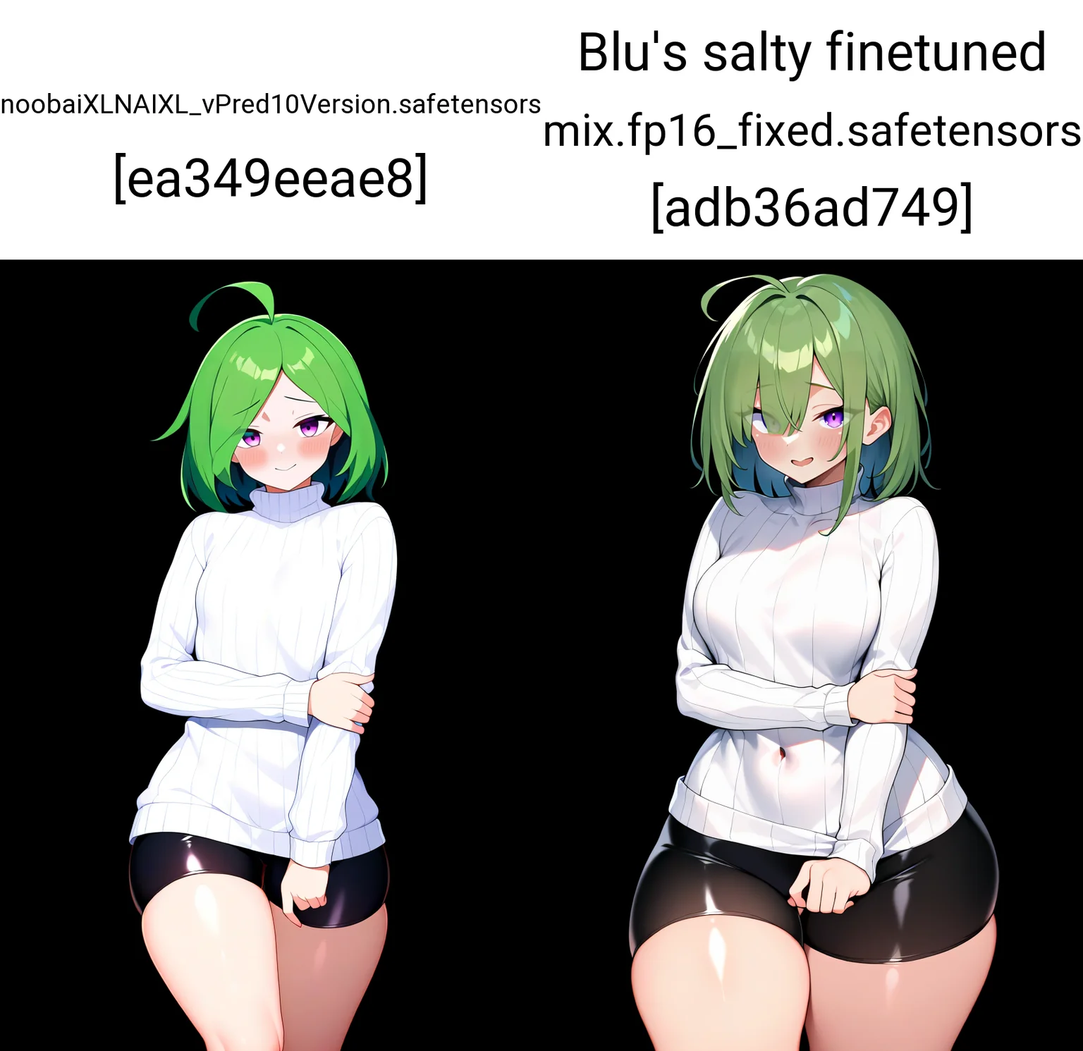 masterpiece, best quality, 1girl,
solo, small breasts, wide hips, thick thighs, shorts, curvy, shiny clothes, turtleneck sweater, green hair, cowboy shot, turtleneck, blush, purple eyes, medium hair, ribbed sweater, smile, white sweater, closed mouth, thighs, breasts, open mouth, bike shorts, black background, arm under breasts, eyes visible through hair, looking at viewer, standing, hand on own arm, ahoge, long sleeves