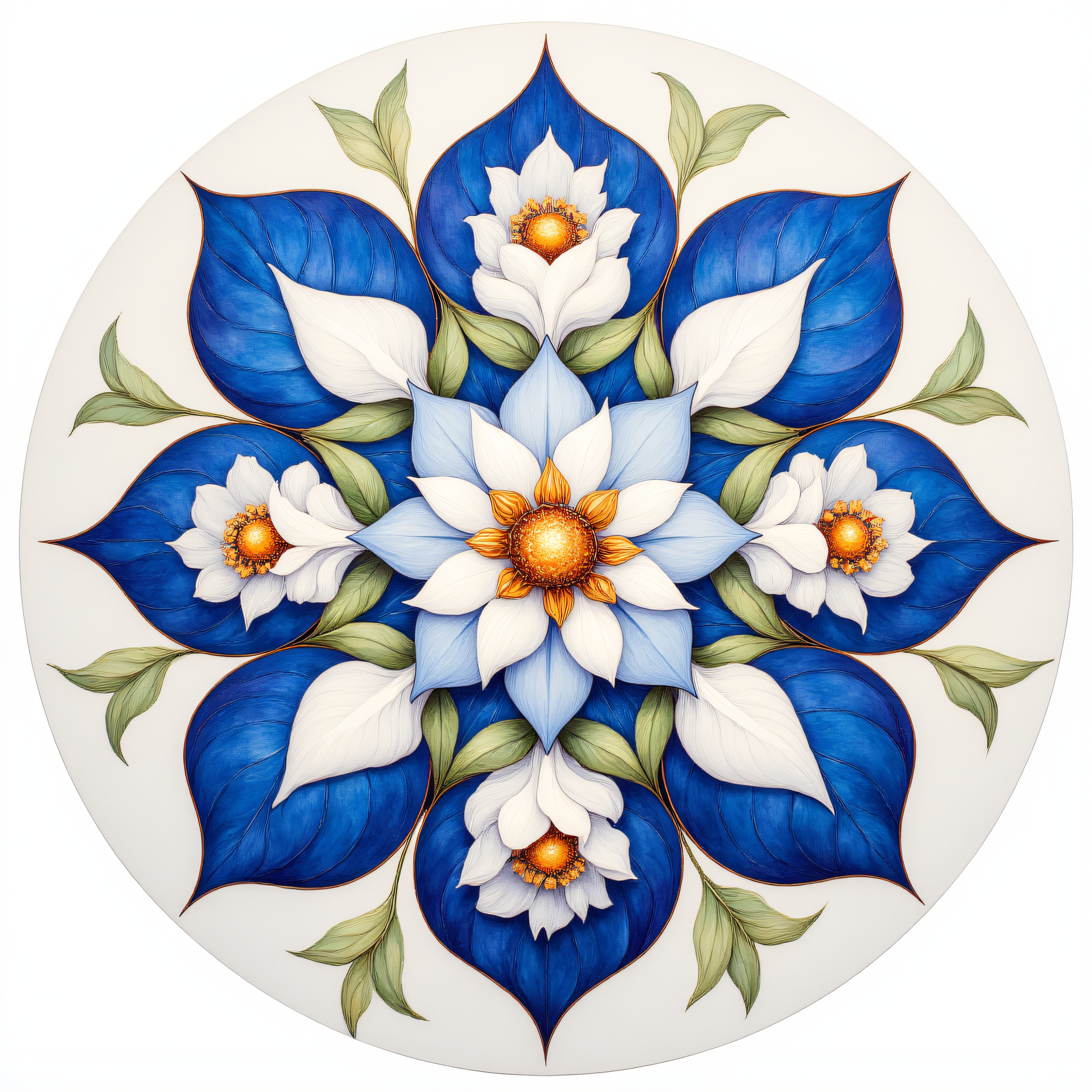 ArsMJStyle, art nouveau,, The image shows a painting of a flower mandala on a white background created by artist Sarah B., flower, still life, no humans, leaf, white background, simple background, round image, blue flower, white flower, peony (flower)