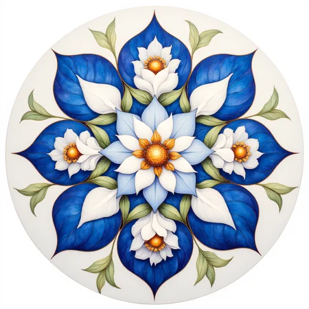 ArsMJStyle, art nouveau,, The image shows a painting of a flower mandala on a white background created by artist Sarah B., flower, still life, no humans, leaf, white background, simple background, round image, blue flower, white flower, peony (flower)
