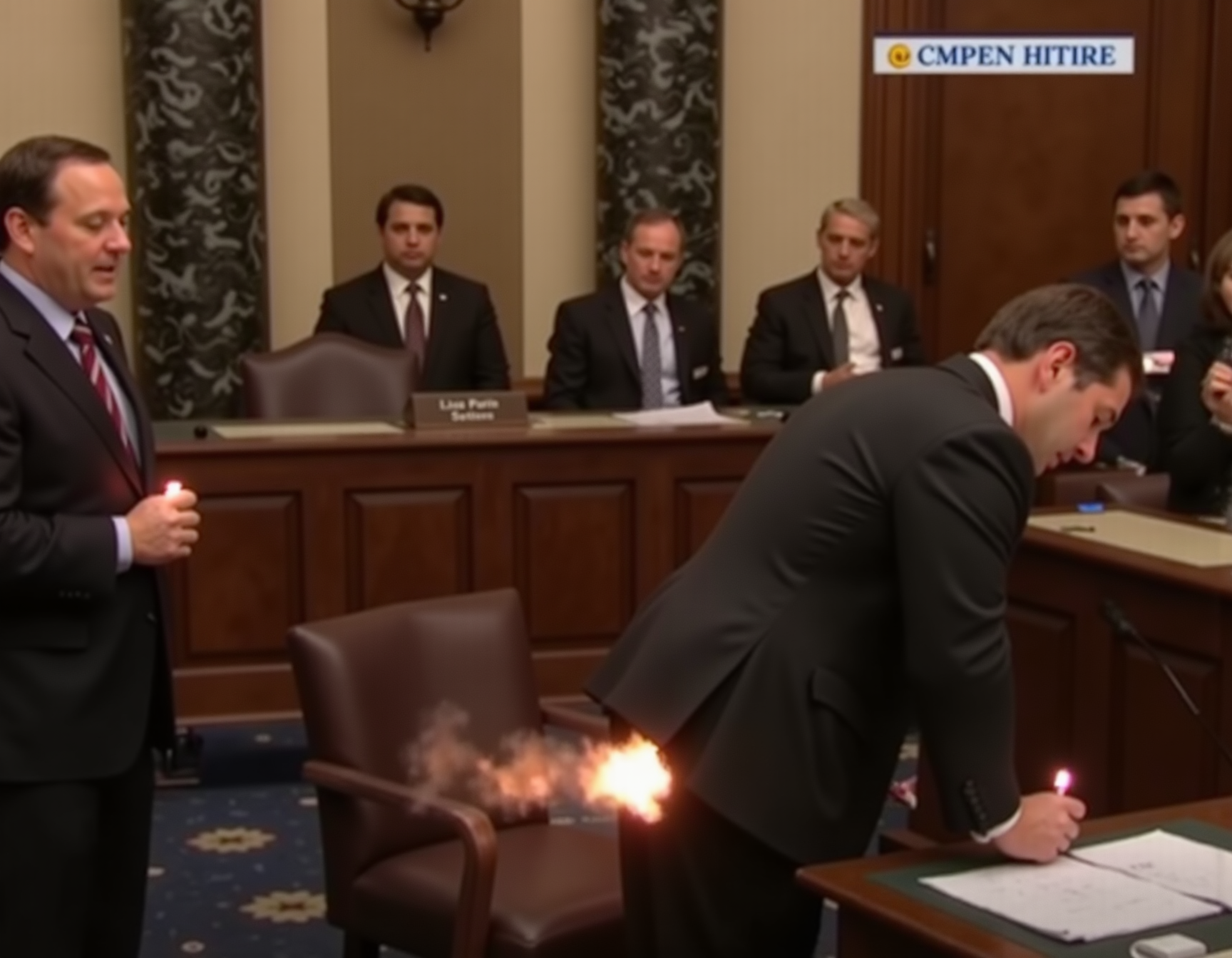Live on CSPAN, Senators are holding lighters up to their rear ends igniting farts in the Senate chamber.