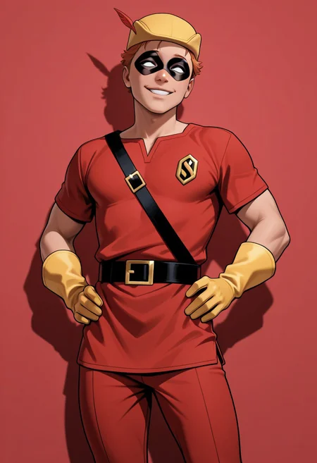 masterpiece, absurdres, high quality, perfect anatomy, 1boy, solo, cute boy, male focus, Speedy, Orange Hair, Domino Mask, White Eyes, Yellow Cap, Red Tunic, Tunic, Red Pants, Yellow Gloves, smug smile, parted lips, hands on hips, cinematic, intricately detailed illustration, depth of field, masterpiece, best quality, amazing quality, very aesthetic, absurdres, newest, very awa, shadow, dynamic angle, casual cosplay, dynamic pose, simple background, red theme