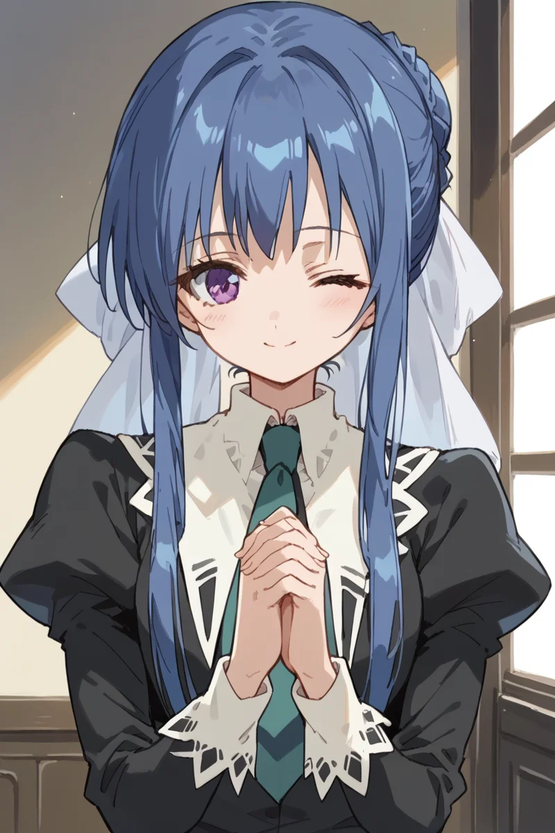 score_9, score_8_up, score_7_up, score_6_up,
<lora:Tamao_Suzumi:1> tamao, miator, 1girl, solo, one eye closed, blue hair, own hands together, necktie, purple eyes, smile, own hands clasped, school uniform, hair bun, long hair, sidelocks, long sleeves, juliet sleeves