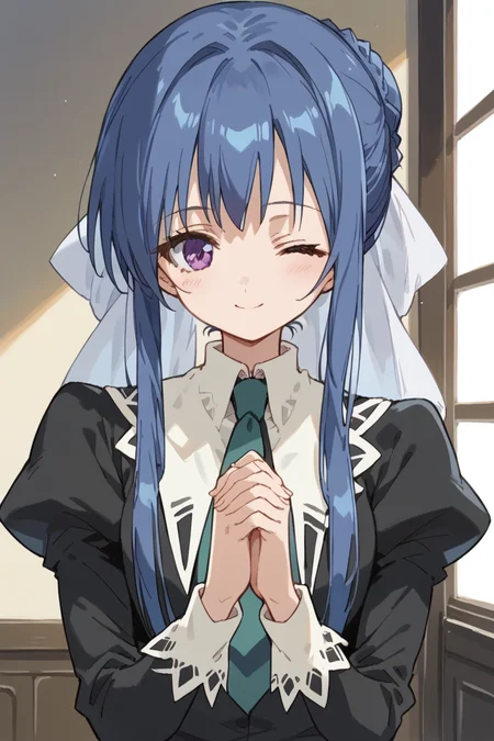 score_9, score_8_up, score_7_up, score_6_up,
<lora:Tamao_Suzumi:1> tamao, miator, 1girl, solo, one eye closed, blue hair, own hands together, necktie, purple eyes, smile, own hands clasped, school uniform, hair bun, long hair, sidelocks, long sleeves, juliet sleeves