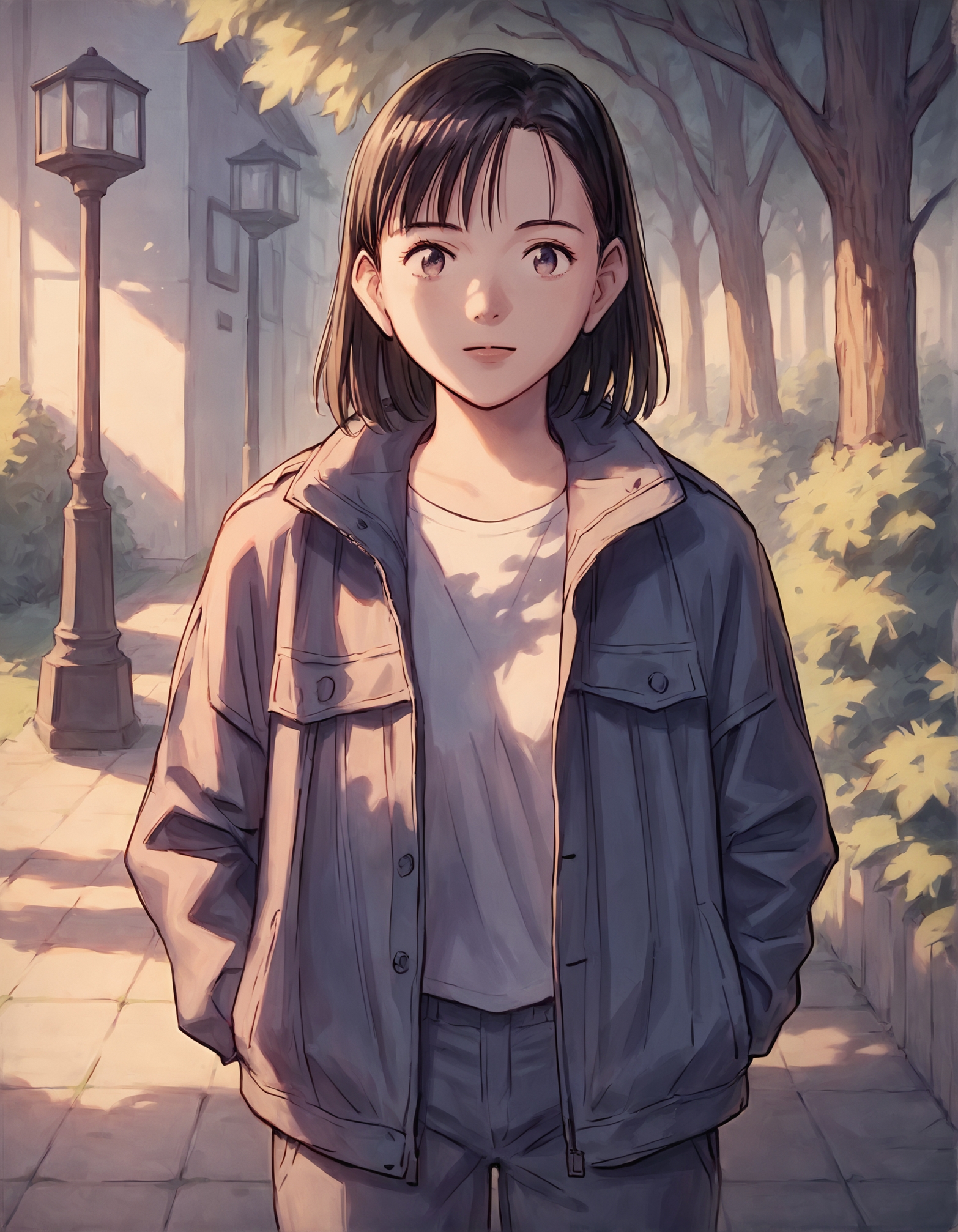 score_9, score_8_up, score_7_up,score_6_up,high resolution,n4a0kistyle,yawara,1girl,black hair,medium hair,jacket,in a park,standing,volumetric lighting,rim lighting,dof,dramatic shadow,looking at viewer,full body,dynamic pose,looking at viewer,pov,front view