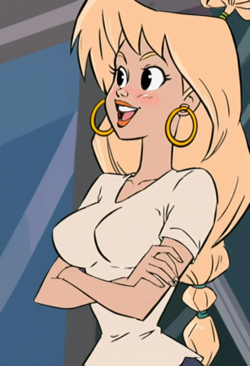 woman, tiffany, kangoo,blonde hair, black eyes, earrings, jewelry, 1girl, crossed arms, hoop earrings, open mouth, smile, shirt, upper teeth only, upper body, breasts, short sleeves, solo focus, blush, white shirt